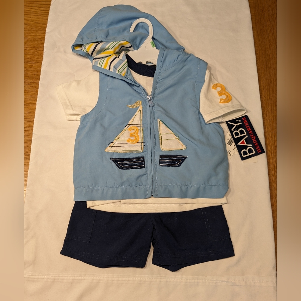 3 Piece Outfit Nautical Sailor Sailboat Shorts Shirt Hooded Vest 18 Months NWT